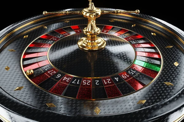 黒の背景に創造的なカジノテンプレート 黒と金のルーレット ルーレット カジノ ギャンブル ラスベガスの概念 コピースペース 3Dイラスト 3Dレンダリング — ストック写真