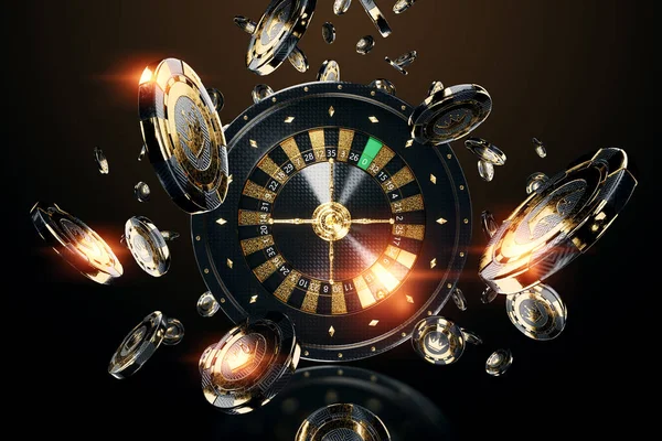 Creatief Casino Template Achtergrond Ontwerp Met Zwart Goud Spelen Chips — Stockfoto