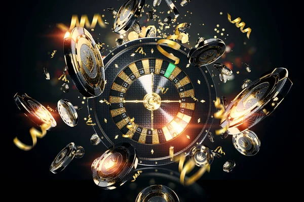 Creative Casino Template Background Design Black Gold Playing Chips Roulette — Stock Photo, Image