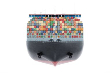 Konteynırları beyaz arka planda olan büyük bir gemi. Uluslararası kargo taşımacılığı. Ulaşım, lojistik, teslimat, iş, küreselleşme. 3B illüstrasyon, 3B canlandırma, gerçekçi biçim