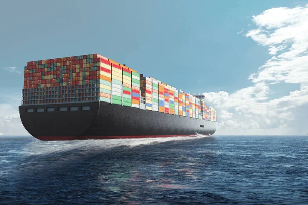 海上コンテナ内の国際貨物輸送 海の中にコンテナと海の巨大な船 混合メディア ビジネス グローバル化の概念 ロイヤリティフリーのストック画像