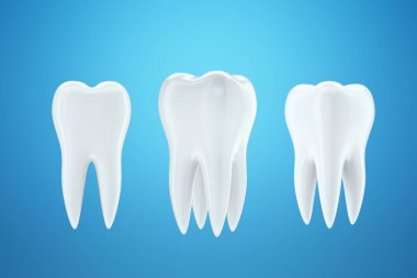 Sağlıklı beyaz diş, mavi arka planda beyaz diş minesi. Diş hekimliği, diş beyazlatma, koruma, ağız bakımı, hijyen, sağlık hizmetleri. 3B illüstrasyon, 3B canlandırma