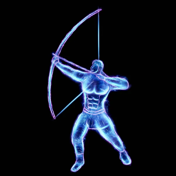 Muscular Man Bow Blue Hologram Zodiac Sign Sagittarius Black Background — Stock Photo, Image