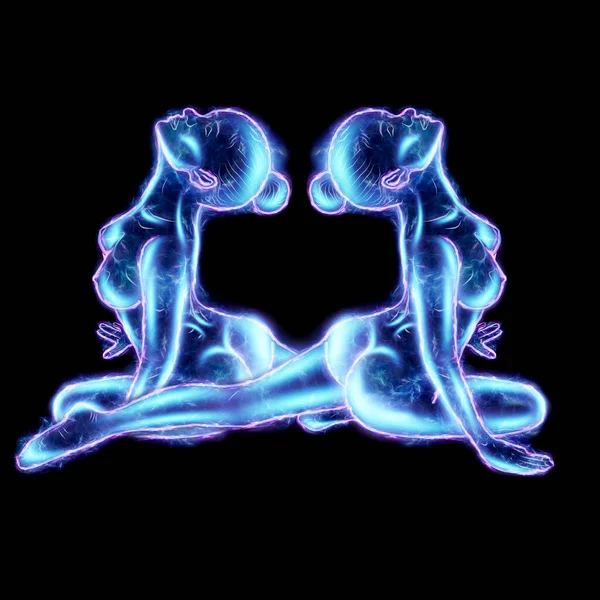 Дві Сексуальні Дівчата Синя Голограма Знак Зодіаку Джеміні Тлі Знаків — стокове фото