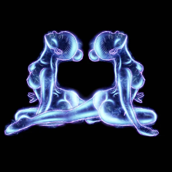 İki seksi kız, mavi hologram, burçların arka planında İkizler burcu işareti. Yıldız falı, kader, takımyıldızlar, astroloji, izoterik kavramı. 3B illüstrasyon, 3B canlandırma