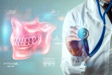 Tıbbi poster, insan kafatası anatomisi, çene röntgeni, diş fotoğrafı. Doktor çenenin röntgen hologramına bakıyor. Dişçi, ortodontist, diş ağrısı..