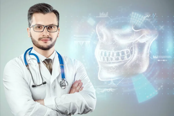 Lékařský Plakát Anatomie Lidské Lebky Rentgen Čelisti Snímky Zubů Doktor — Stock fotografie
