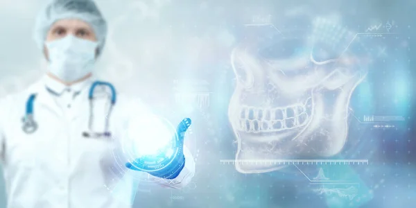 医学のポスター 人間の頭蓋骨の解剖学 顎のX線 歯のスナップショット 医者は顎のX線ホログラムを見る 歯医者歯医者歯痛 ロイヤリティフリーのストック画像