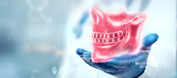 医学のポスター 人間の頭蓋骨の解剖学 顎のX線 歯のスナップショット 医者は顎のX線ホログラムを見る 歯医者歯医者歯痛 ストック画像