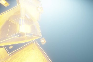 Yaratıcı neon engelleme zinciri konsepti. Kriptografi, yapay zekanın öğrenilebilirliği, sinirsel ağlar. Holografik bloklar bir diziye monte edildi. 3B illüstrasyon, 3B canlandırma