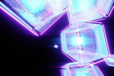 Yaratıcı neon engelleme zinciri konsepti. Kriptografi, yapay zekanın öğrenilebilirliği, sinirsel ağlar. Holografik bloklar bir diziye monte edildi. 3B illüstrasyon, 3B canlandırma