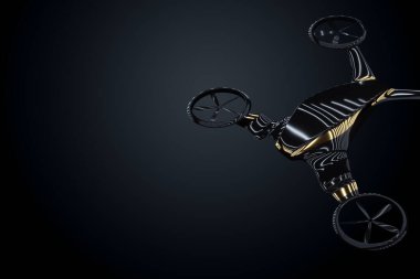 Siyah ve altın renginde uçan bir araba. Gelecek, lüks arabalar, lüks stil, VIP, otomobil endüstrisi. 3B illüstrasyon, 3B canlandırma