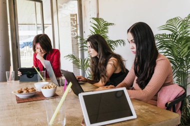 Düşünceli kadınlar, siyah ekranlı tablet ve abur cuburların yanında otururken dijital cihazların verilerine göz atıyorlar ve kafede uzaktan çalışıyorlar.