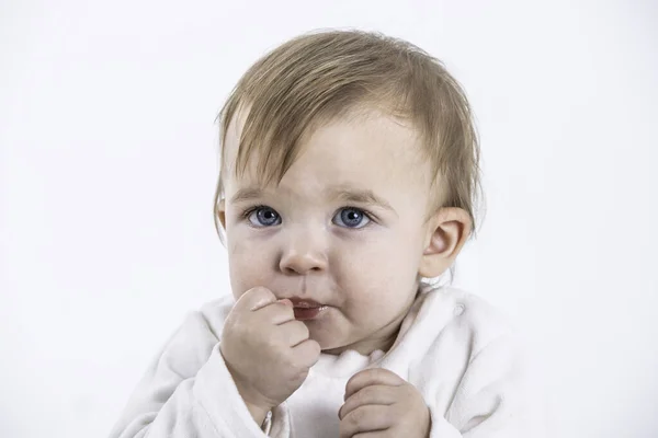 Stock Studio Photo White Background Baby Face Hand Mouth — Stock Photo, Image