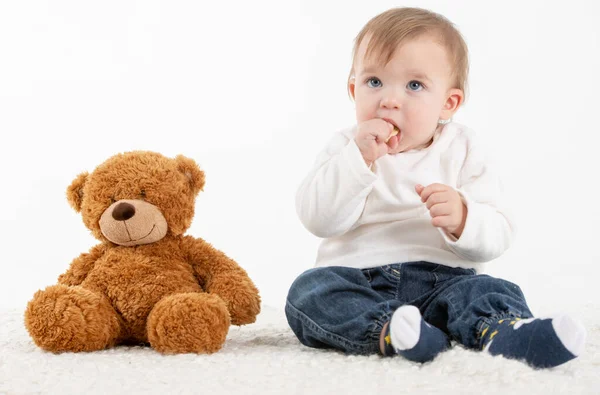 库房照片 白色背景的婴儿 手指插在嘴里 泰迪熊 — 图库照片