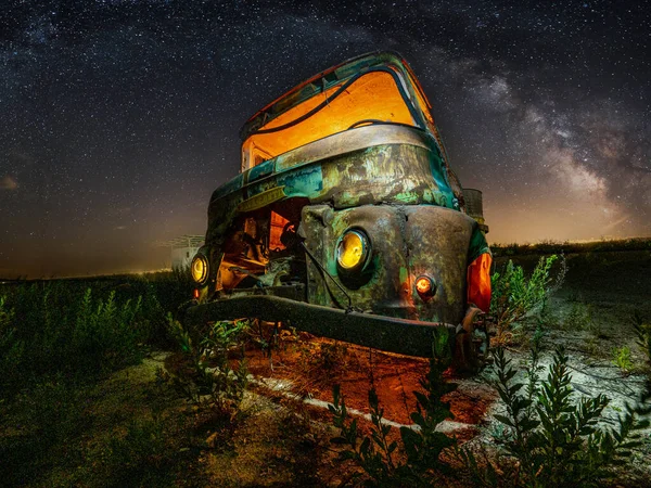 Night Photography Truck Milky Way — 图库照片