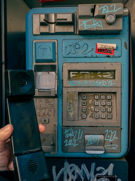 Close View Man Hand Holding Telephone Old Public Phone Booth — Stock Photo, Image