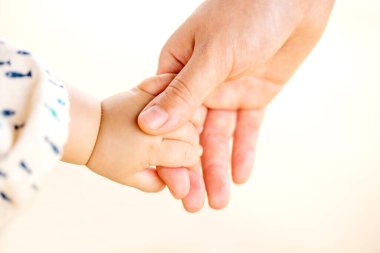 Aile sahnesi, yakın çekim ebeveyn ve bebek beyaz arka planda el ele tutuşuyorlar..