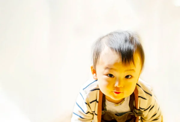 Das Schöne Baby Blickt Die Kamera Und Kriecht Mit Dem — Stockfoto