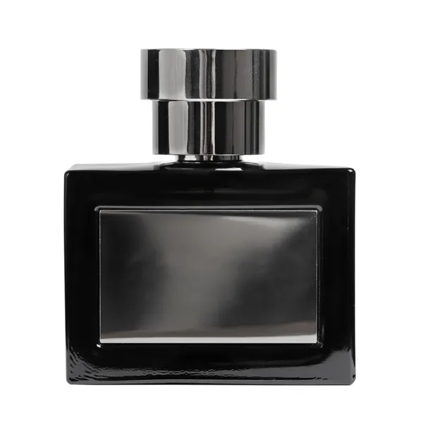Чорна пляшка парфумів ізольована на білому — стокове фото