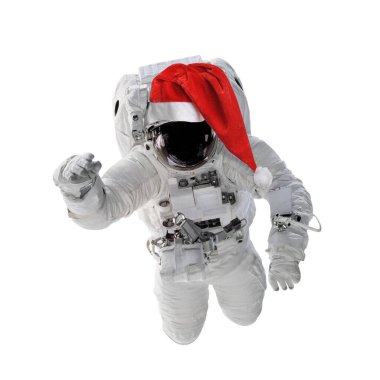 Uzay elbiseli astronot ve kırmızı Noel Baba şapkalı izole edilmiş. Bu görüntünün elementleri NASA tarafından desteklenmektedir