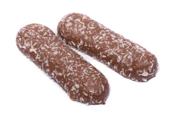 Grupp Långa Chokladkakor Med Kokospulver Isolerad Vit Bakgrund — Stockfoto