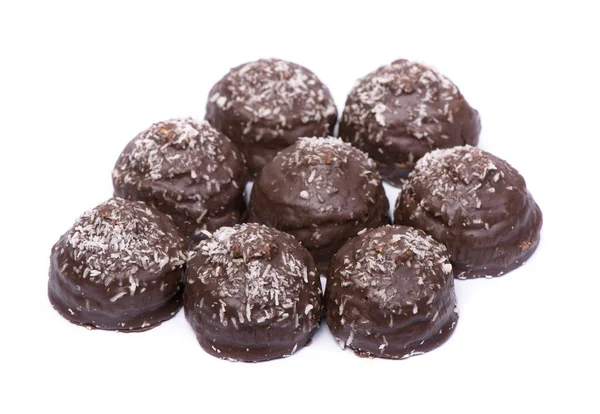 Confectionery Group Chocolate Glazed Cakes Coconut Chips Isolated White Background — Stock Photo, Image