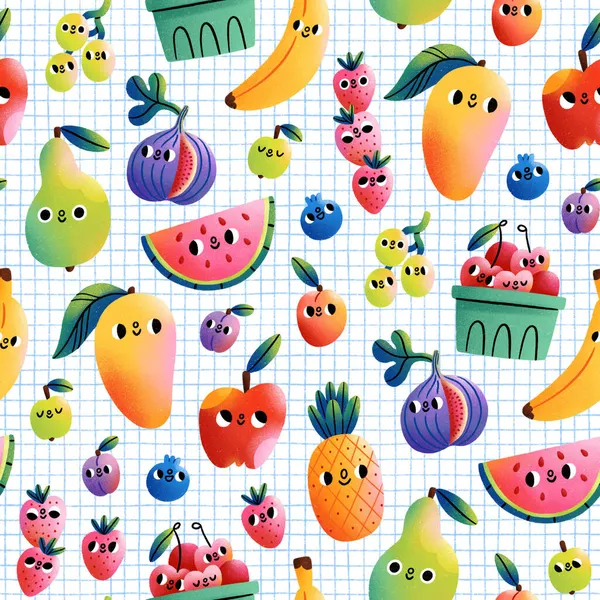 Super Färska Exotiska Frukter Tecknade Tecken Check Bakgrund Sömlös Mönster — Stockfoto