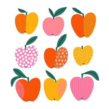 Soyut el çizimleri olan sulu elmalar, beyaz arkaplanda izole edilmiş vektör klipsi sanat seti.