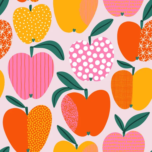 Juicy Apples Abstract Hand Drawn Textures Vector Seamless Summer Pattern — Stock Vector