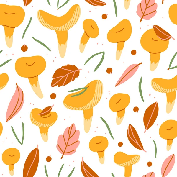 Chanterelle Mushrooms Autumn Leaves Seamless Vector Pattern Fall Forest Mood — Stock Vector