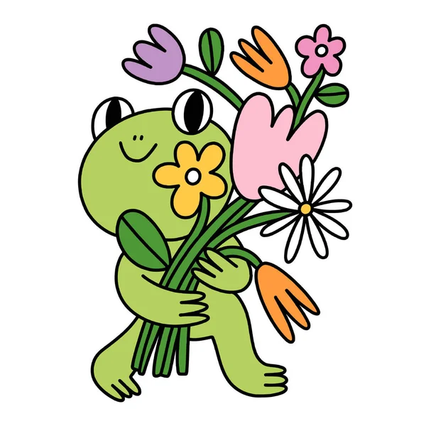 Sapo Desenho Animado Pequeno Bonito Com Buquê Flores Ilustração Vetorial — Vetor de Stock