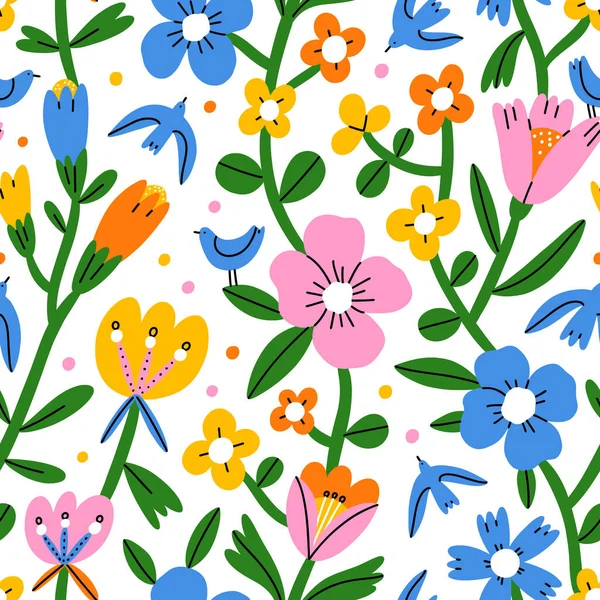 Kolorowe Abstrakcyjne Kwiaty Ptaki Jasne Konfetti Wektor Bezszwowy Wzór — Wektor stockowy