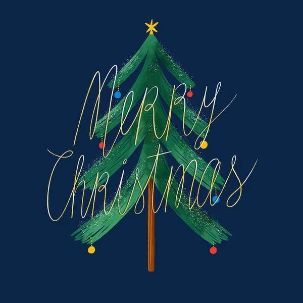 Schöne Weihnachtsbaum Illustrationskarte Eleganter Goldener Schriftzug Isoliert Auf Tiefblauem Hintergrund — Stockfoto