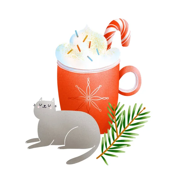 Cozy Christmas Illustration Cat Festive Coffee Mug Candy Spruce Branch — Stock Photo, Image