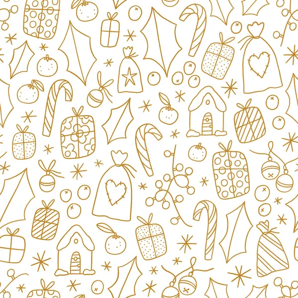 Złoty Zarys Świąteczny Nastrój Bezszwowy Wzór Ilustracja Mandarynki Prezenty Cukierki — Zdjęcie stockowe