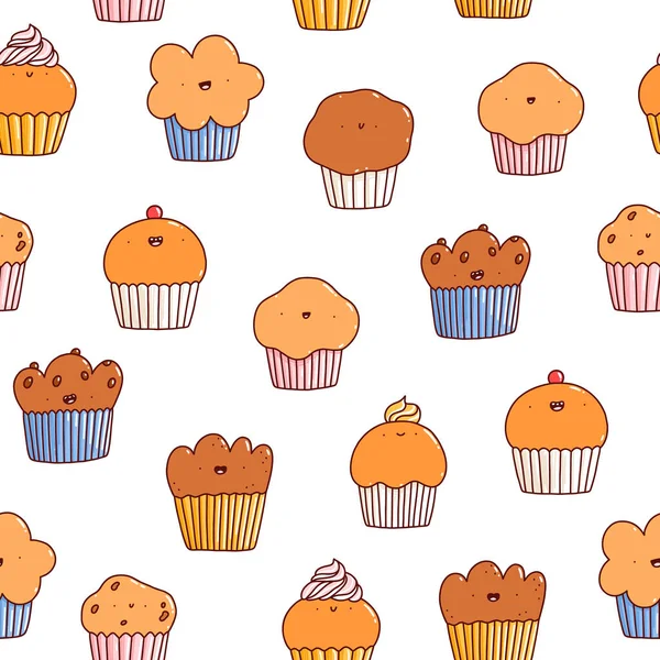 Cartoon Cupcakes Und Muffins Niedlichen Charakteren Vektor Nahtlose Muster Isoliert — Stockvektor