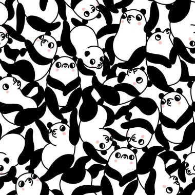 Her yerde sevimli pandalar var, vektör kusursuz desen. Gelmiş geçmiş en tatlı ayı - panda! Siyah ve beyaz ve yanakları biraz pembe.