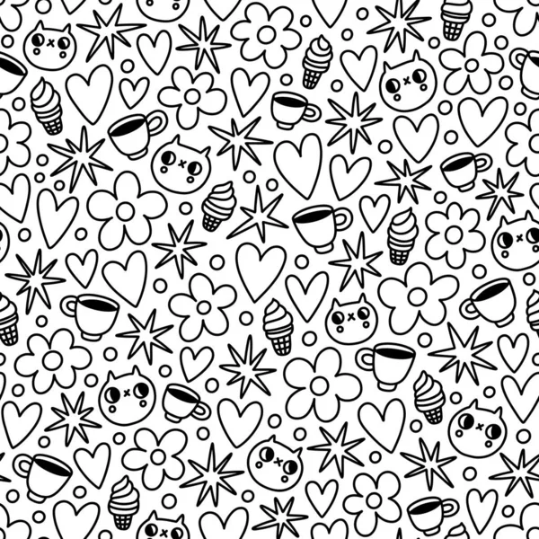 Random Black White Outlined Doodles Cats Flowers Coffee Vector Seamless — Stock Vector