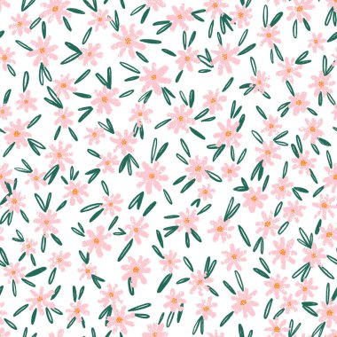 Küçük pembe çiçekler, küçük izler, pürüzsüz desenler, beyaz arka planda izole edilmiş.