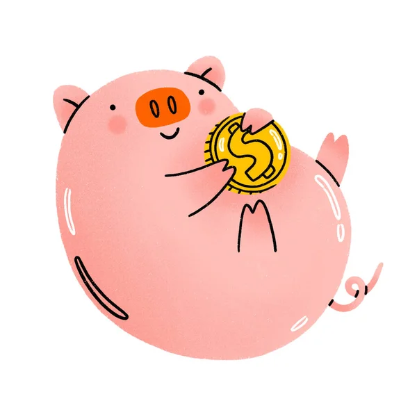 Banco Porquinho Feliz Com Uma Moeda Ilustração Desenho Animado Bonito — Fotografia de Stock