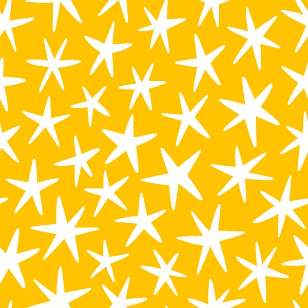 Estrelas Brancas Desenhadas Mão Sobre Fundo Amarelo Ilustração Padrão Sem — Fotografia de Stock