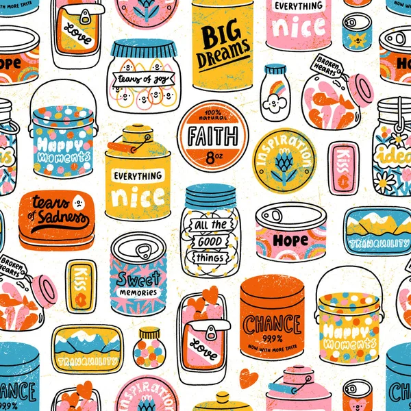 Vintage Style Seamless Pattern Illustration Lots Jars Cans Filled Various — Stock Photo, Image