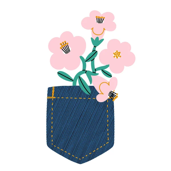 要旨ピンクの花の中にデニムポケット 漫画のベクトルイラスト 白の背景に隔離 — ストックベクタ