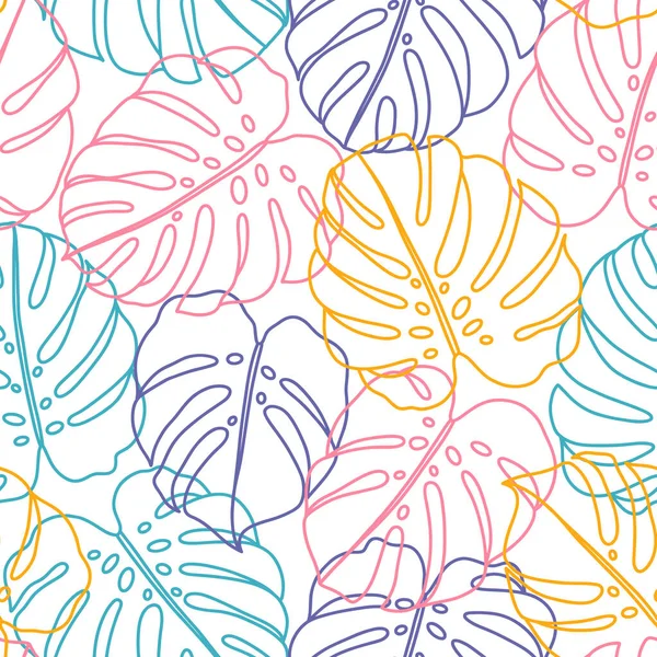 カラフルな輪郭のモンスターの葉 抽象的な熱帯ネオンベクトルシームレスパターン — ストックベクタ