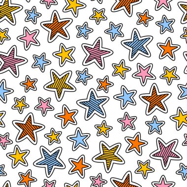 Siyah çizgili renkli çizgi film yıldızları etiketleri, beyaz arkaplanda vektör biçimsiz dikişsiz desen