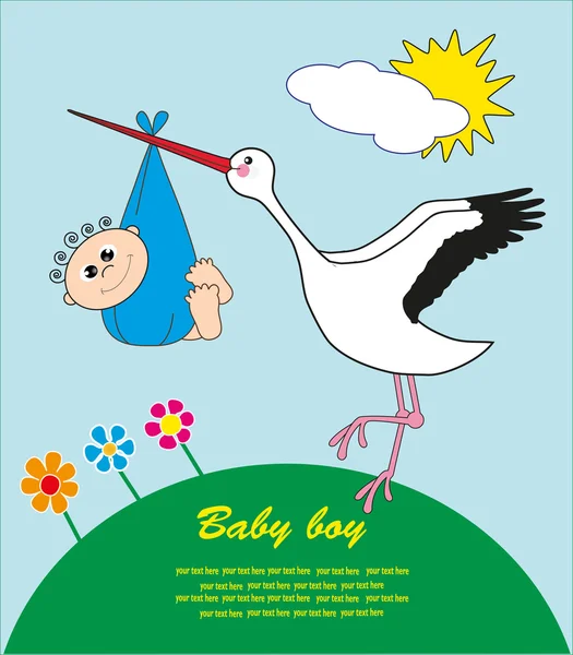 Cigüeña con un bebé en una bolsa. ilustración vectorial — Vector de stock