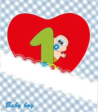 Kırmızı kalp - erkek bebek. kartpostal. vektör.