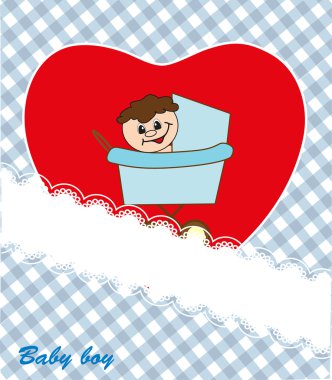 Kırmızı kalp - erkek bebek. kartpostal. vektör.