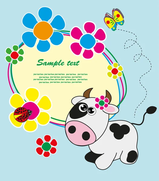 Πλαίσιο με λουλούδια και μια αγελάδα. διάνυσμα. — Διανυσματικό Αρχείο